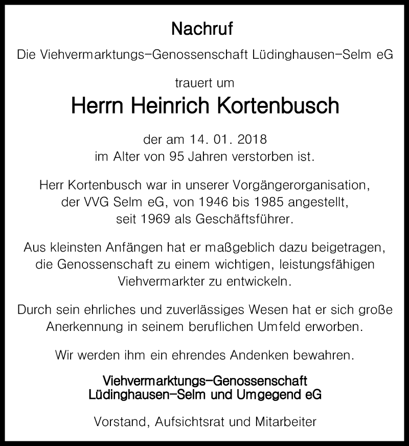  Traueranzeige für Heinrich Kortenbusch vom 17.01.2018 aus Ruhr Nachrichten