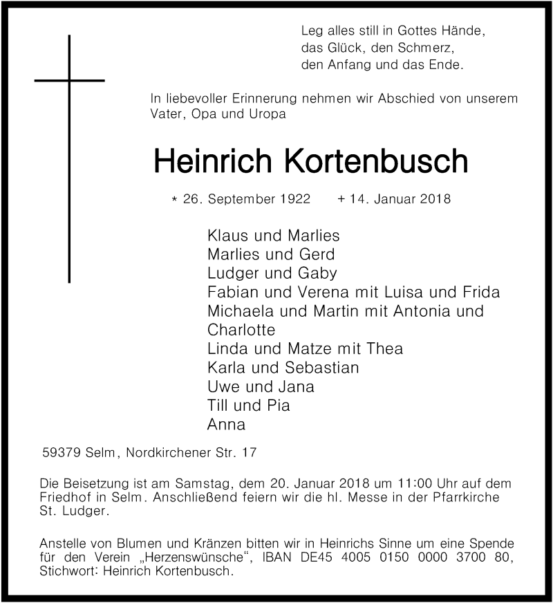 Traueranzeige für Heinrich Kortenbusch vom 17.01.2018 aus Ruhr Nachrichten