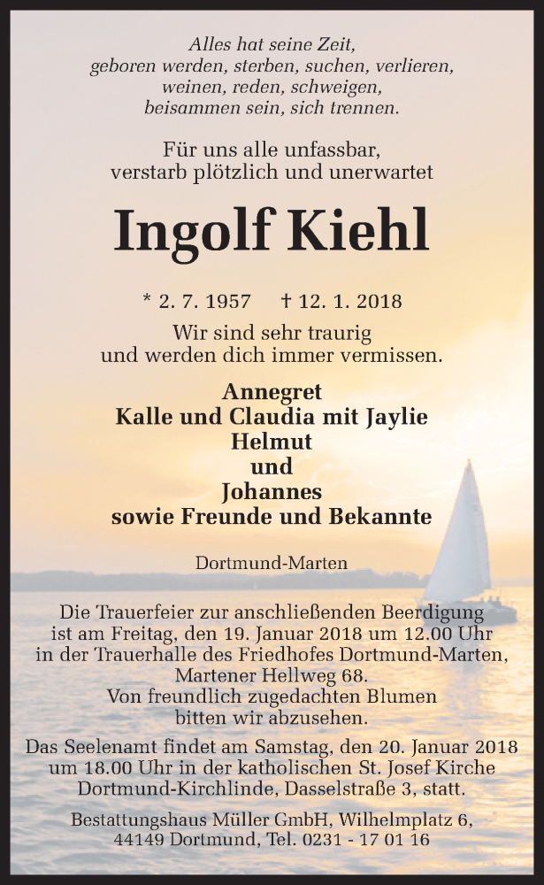  Traueranzeige für Ingolf Kiehl vom 16.01.2018 aus Ruhr Nachrichten