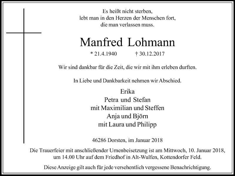  Traueranzeige für Manfred Lohmann vom 05.01.2018 aus Ruhr Nachrichten und Dorstener Zeitung