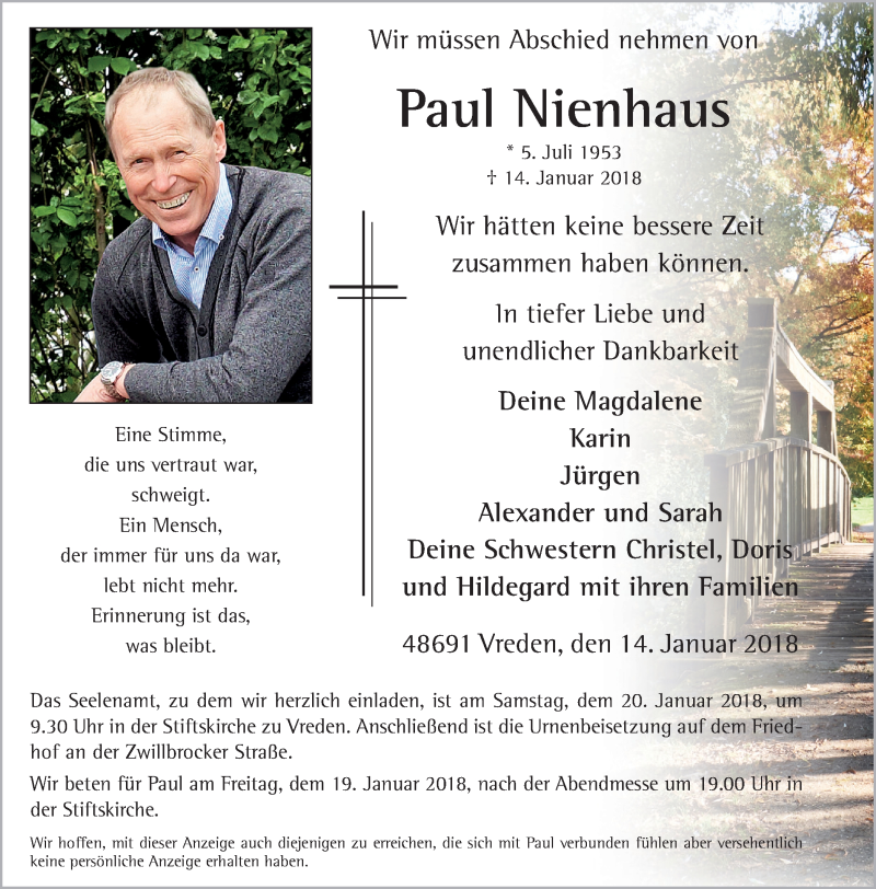  Traueranzeige für Paul Nienhaus vom 17.01.2018 aus Münstersche Zeitung und Münsterland Zeitung