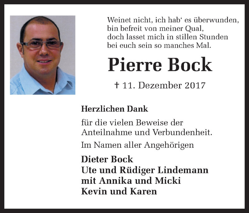  Traueranzeige für Pierre Bock vom 11.01.2018 aus Ruhr Nachrichten