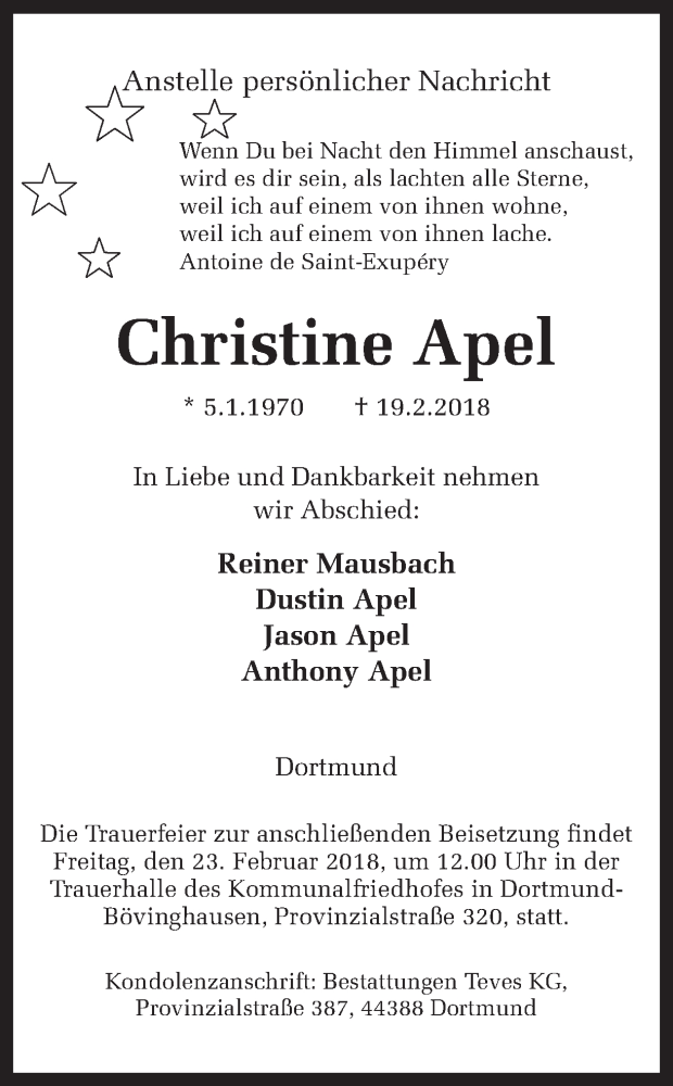  Traueranzeige für Christine Apel vom 22.02.2018 aus Ruhr Nachrichten