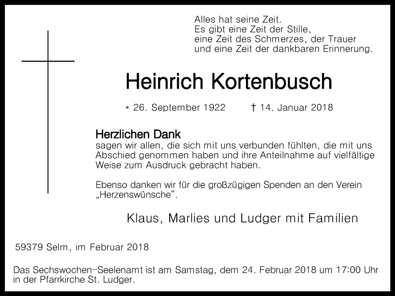  Traueranzeige für Heinrich Kortenbusch vom 17.02.2018 aus Ruhr Nachrichten