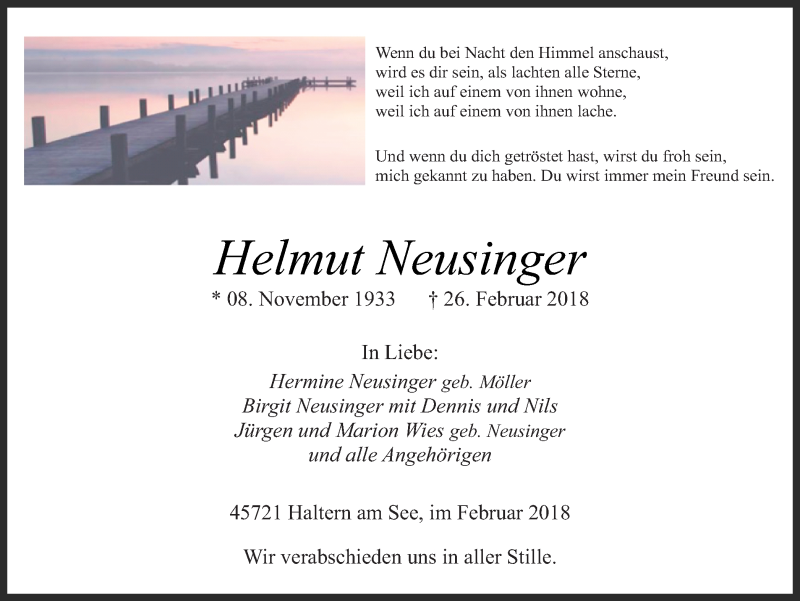  Traueranzeige für Helmut Neusinger vom 28.02.2018 aus Ruhr Nachrichten und Halterner Zeitung