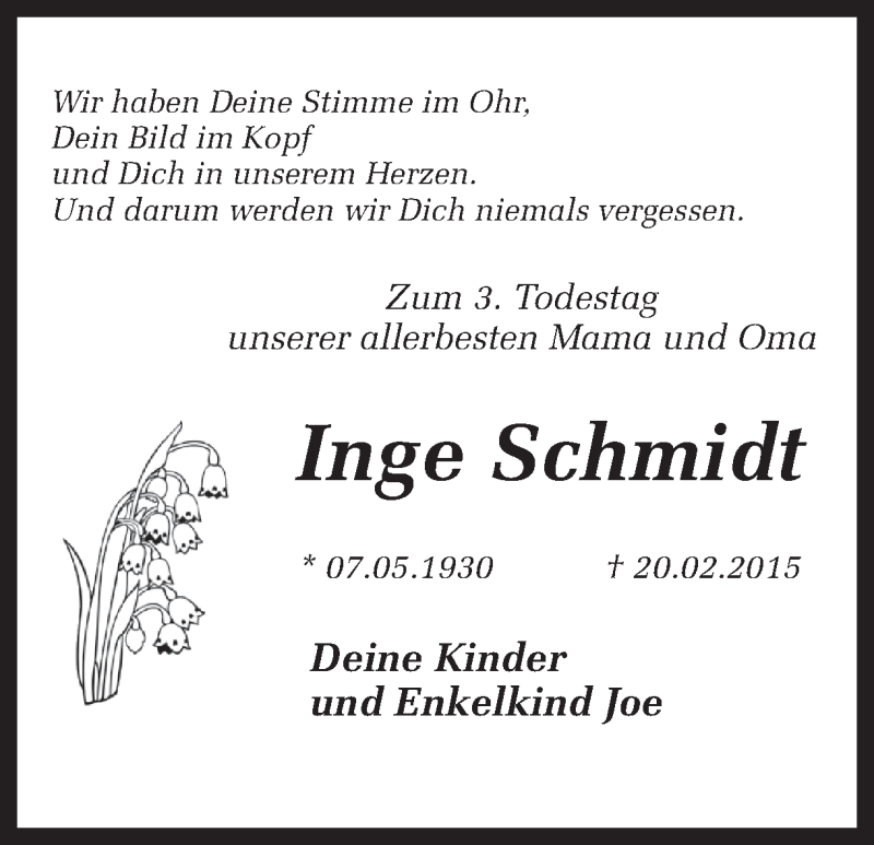  Traueranzeige für Inge Schmidt vom 20.02.2018 aus Ruhr Nachrichten