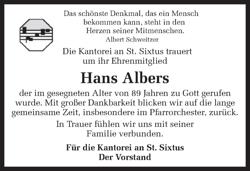  Traueranzeige für Hans Albers vom 13.03.2018 aus Ruhr Nachrichten und Halterner Zeitung