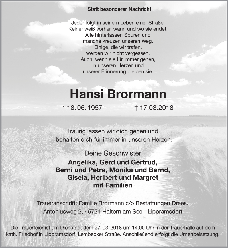  Traueranzeige für Hansi Brormann vom 21.03.2018 aus Ruhr Nachrichten und Halterner Zeitung