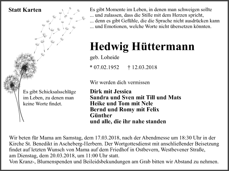  Traueranzeige für Hedwig Hüttermann vom 16.03.2018 aus Ruhr Nachrichten