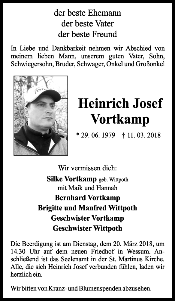  Traueranzeige für Heinrich Josef Vortkamp vom 15.03.2018 aus Münstersche Zeitung und Münsterland Zeitung