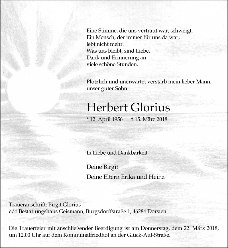  Traueranzeige für Herbert Glorius vom 20.03.2018 aus Ruhr Nachrichten und Dorstener Zeitung