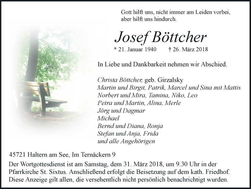  Traueranzeige für Josef Böttcher vom 28.03.2018 aus Ruhr Nachrichten und Halterner Zeitung
