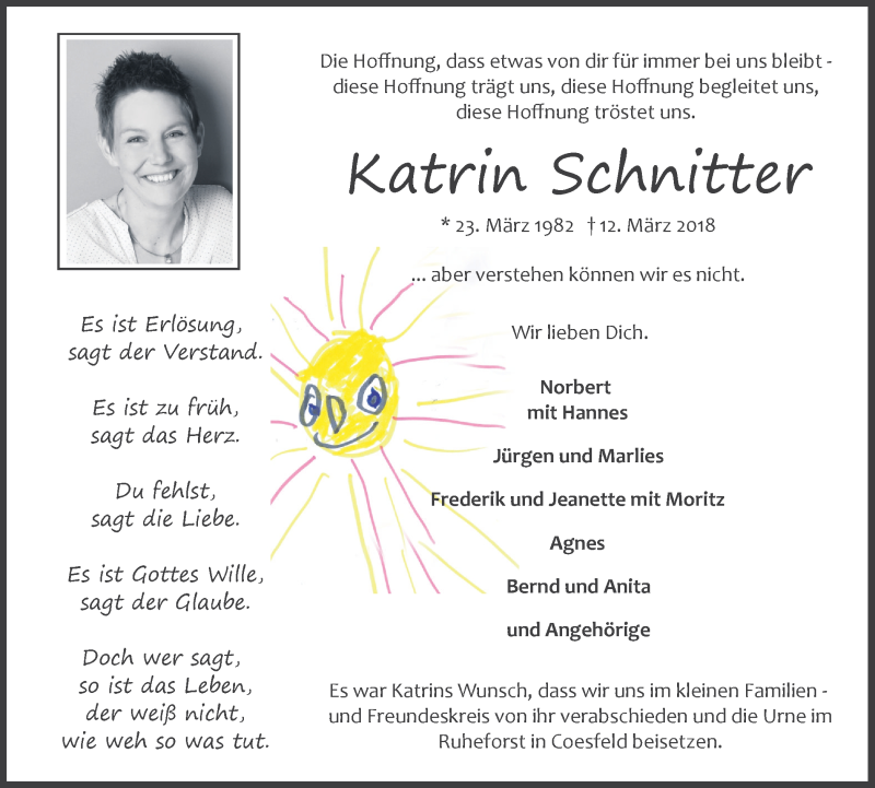  Traueranzeige für Katrin Schnitter vom 17.03.2018 aus Münstersche Zeitung und Münsterland Zeitung