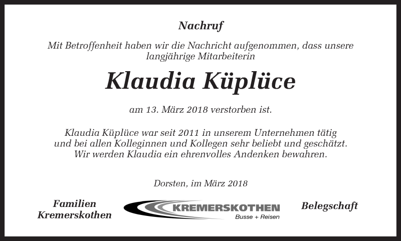  Traueranzeige für Klaudia Küplüce vom 17.03.2018 aus Ruhr Nachrichten und Dorstener Zeitung