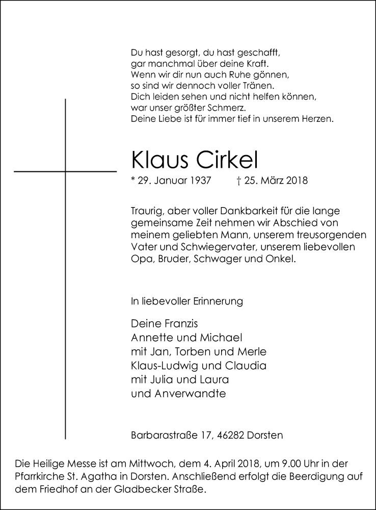  Traueranzeige für Klaus Cirkel vom 29.03.2018 aus Ruhr Nachrichten und Dorstener Zeitung
