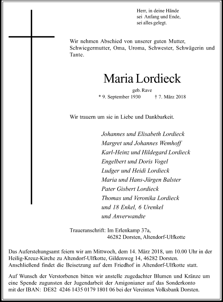  Traueranzeige für Maria Lordieck vom 10.03.2018 aus Ruhr Nachrichten und Dorstener Zeitung