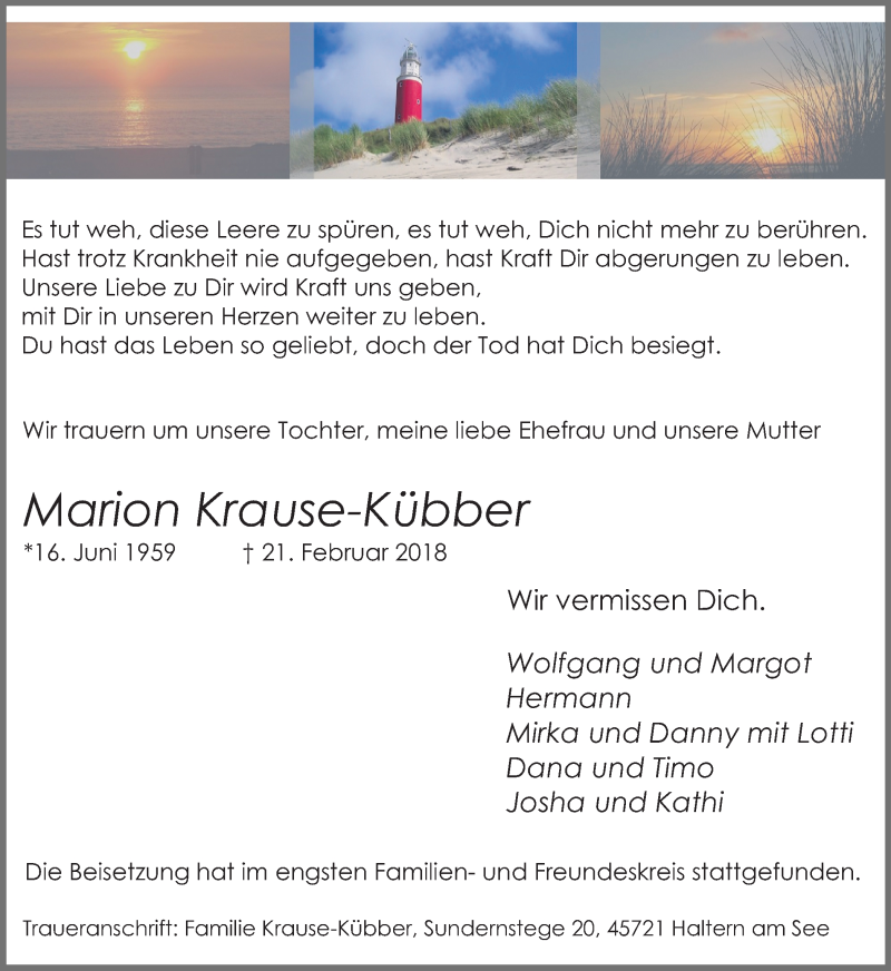  Traueranzeige für Marion Krause-Kübber vom 05.03.2018 aus Ruhr Nachrichten und Halterner Zeitung