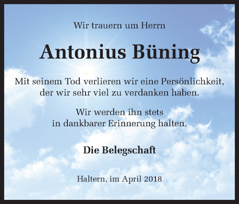  Traueranzeige für Antonius Büning vom 30.04.2018 aus Ruhr Nachrichten und Halterner Zeitung