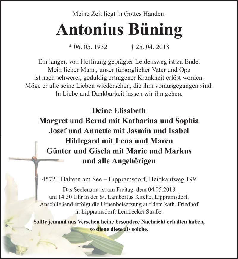  Traueranzeige für Antonius Büning vom 28.04.2018 aus Ruhr Nachrichten und Halterner Zeitung