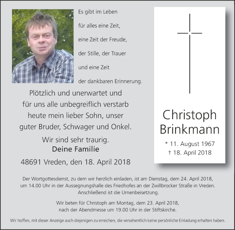  Traueranzeige für Christoph Brinkmann vom 21.04.2018 aus Münstersche Zeitung und Münsterland Zeitung