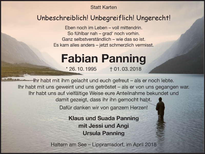  Traueranzeige für Fabian Panning vom 04.04.2018 aus Ruhr Nachrichten und Halterner Zeitung