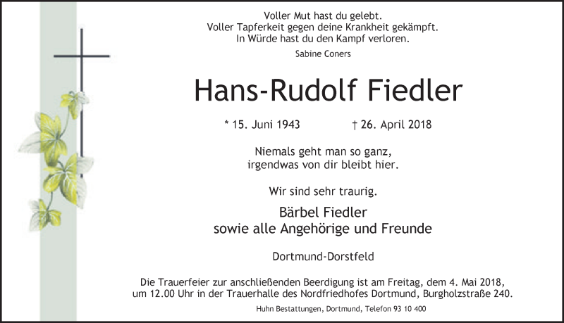  Traueranzeige für Hans-Rudolf Fiedler vom 28.04.2018 aus Ruhr Nachrichten