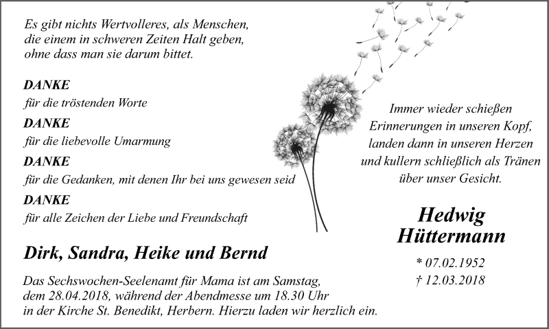  Traueranzeige für Hedwig Hüttermann vom 21.04.2018 aus Ruhr Nachrichten