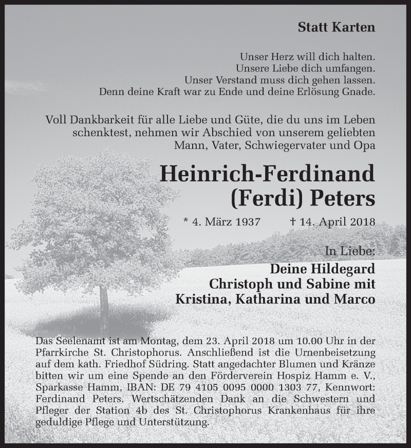  Traueranzeige für Heinrich-Ferdinand Peters vom 18.04.2018 aus Ruhr Nachrichten