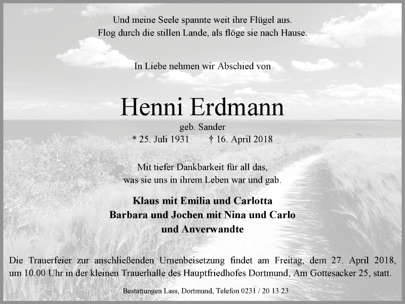  Traueranzeige für Henni Erdmann vom 21.04.2018 aus Ruhr Nachrichten