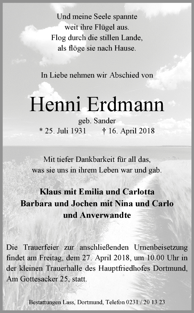  Traueranzeige für Henni Erdmann vom 21.04.2018 aus Ruhr Nachrichten