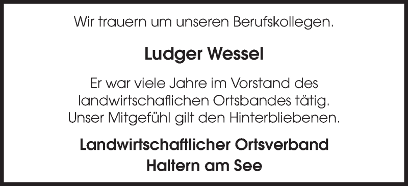  Traueranzeige für Ludger Wessel vom 10.04.2018 aus Ruhr Nachrichten und Halterner Zeitung