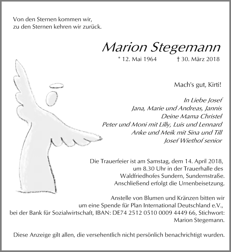  Traueranzeige für Marion Stegemann vom 09.04.2018 aus Ruhr Nachrichten und Halterner Zeitung
