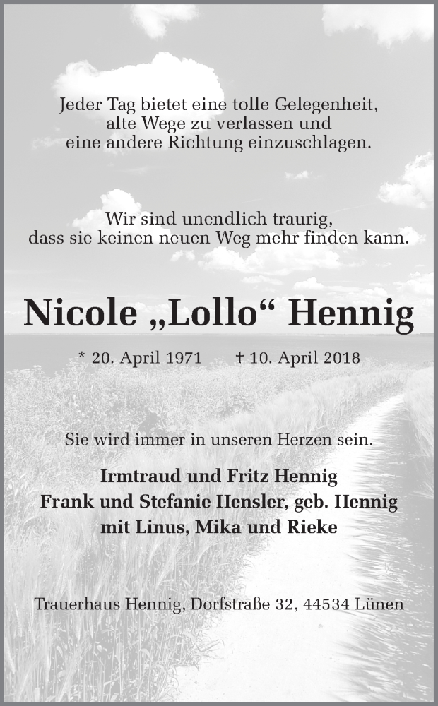  Traueranzeige für Nicole  Hennig vom 14.04.2018 aus Ruhr Nachrichten