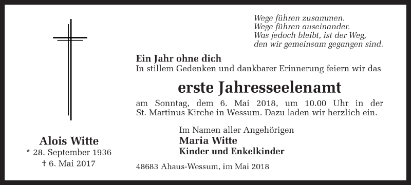 Traueranzeige für Alois Witte vom 03.05.2018 aus Münstersche Zeitung und Münsterland Zeitung