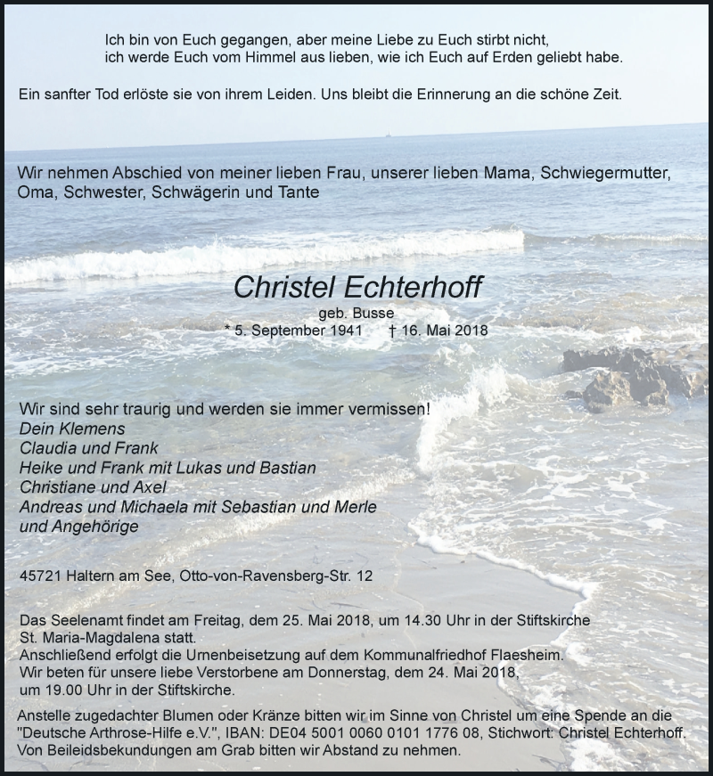  Traueranzeige für Christel Echterhoff vom 19.05.2018 aus Ruhr Nachrichten und Halterner Zeitung