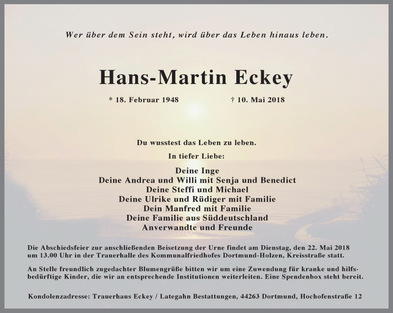  Traueranzeige für Hans-Martin Eckey vom 16.05.2018 aus Ruhr Nachrichten