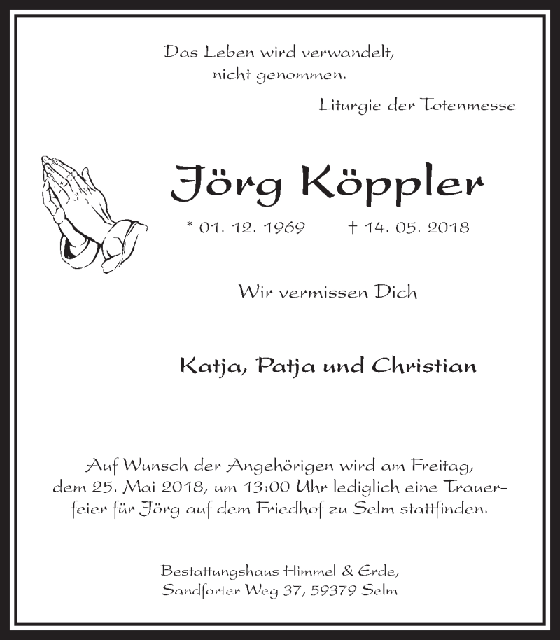  Traueranzeige für Jörg Köppler vom 24.05.2018 aus Ruhr Nachrichten