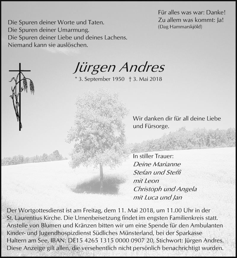  Traueranzeige für Jürgen Andres vom 08.05.2018 aus Ruhr Nachrichten und Halterner Zeitung