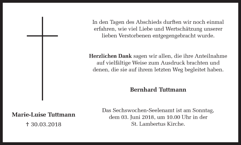  Traueranzeige für Marie-Luise Tuttmann vom 30.05.2018 aus Ruhr Nachrichten und Halterner Zeitung