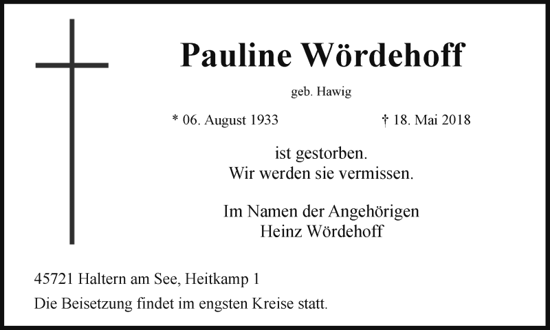  Traueranzeige für Pauline Wördehoff vom 23.05.2018 aus Ruhr Nachrichten und Halterner Zeitung