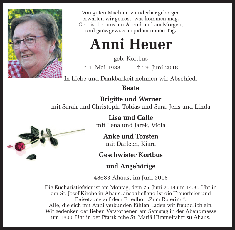  Traueranzeige für Anni Heuer vom 21.06.2018 aus Münstersche Zeitung und Münsterland Zeitung