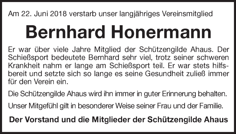  Traueranzeige für Bernhard Honermann vom 27.06.2018 aus Münstersche Zeitung und Münsterland Zeitung
