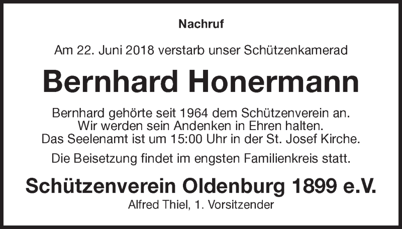  Traueranzeige für Bernhard Honermann vom 29.06.2018 aus Münstersche Zeitung und Münsterland Zeitung