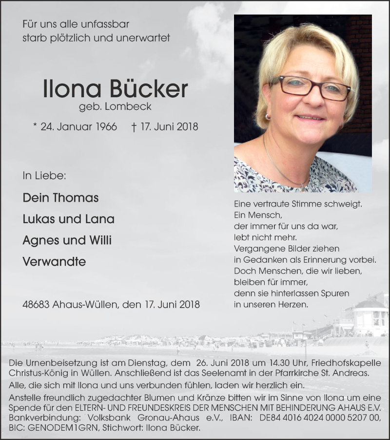  Traueranzeige für Ilona Bücker vom 21.06.2018 aus Münstersche Zeitung und Münsterland Zeitung