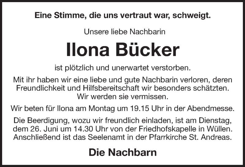  Traueranzeige für Ilona Bücker vom 23.06.2018 aus Münstersche Zeitung und Münsterland Zeitung