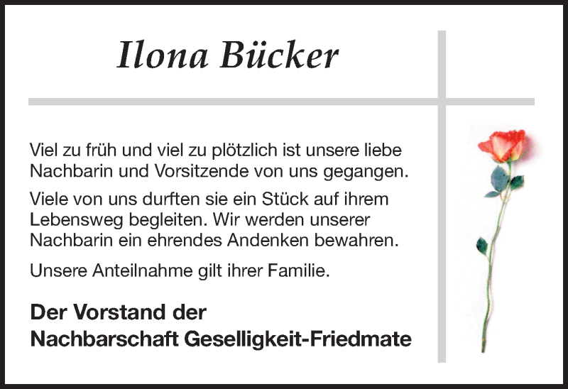 Traueranzeige für Ilona Bücker vom 22.06.2018 aus Münstersche Zeitung und Münsterland Zeitung