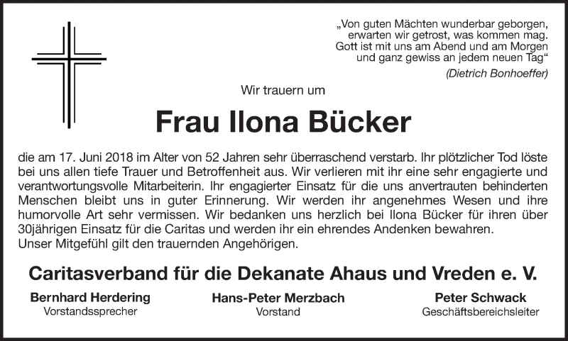  Traueranzeige für Ilona Bücker vom 25.06.2018 aus Münstersche Zeitung und Münsterland Zeitung