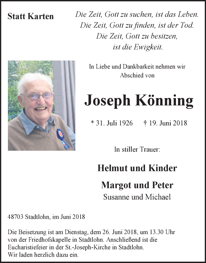  Traueranzeige für Joseph Könning vom 23.06.2018 aus Münstersche Zeitung und Münsterland Zeitung