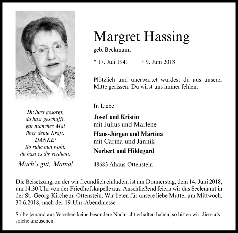  Traueranzeige für Margret Hassing vom 12.06.2018 aus Münstersche Zeitung und Münsterland Zeitung