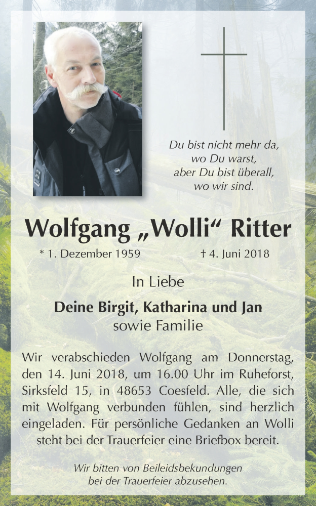  Traueranzeige für Wolfgang Ritter vom 09.06.2018 aus Münstersche Zeitung und Münsterland Zeitung
